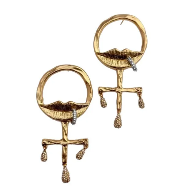 Gold-Tone Lips and Cross Motif Crystal Drop Earrings 3