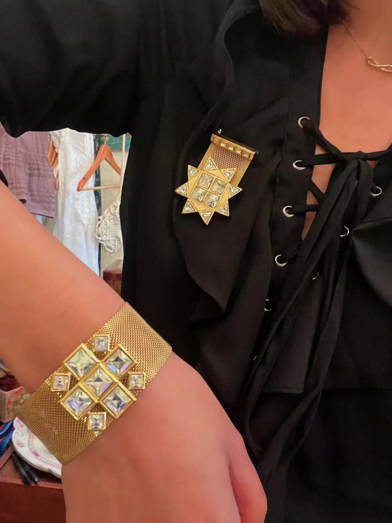 Gold-Tone Mesh Crystal Geometric Motif Cuff Bracelets 2