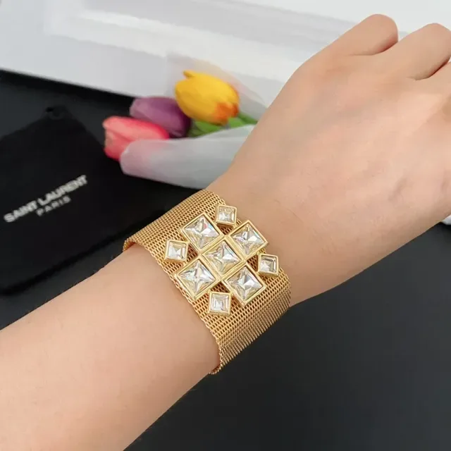 Gold-Tone Mesh Crystal Geometric Motif Cuff Bracelets 4