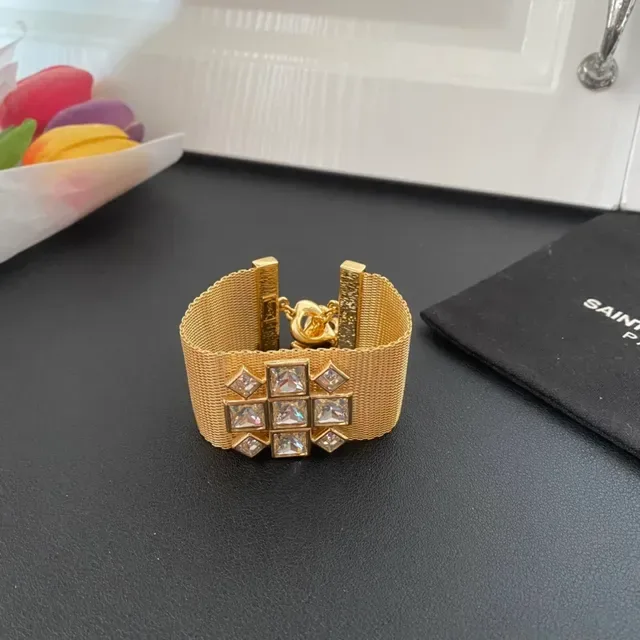 Gold-Tone Mesh Crystal Geometric Motif Cuff Bracelets 6