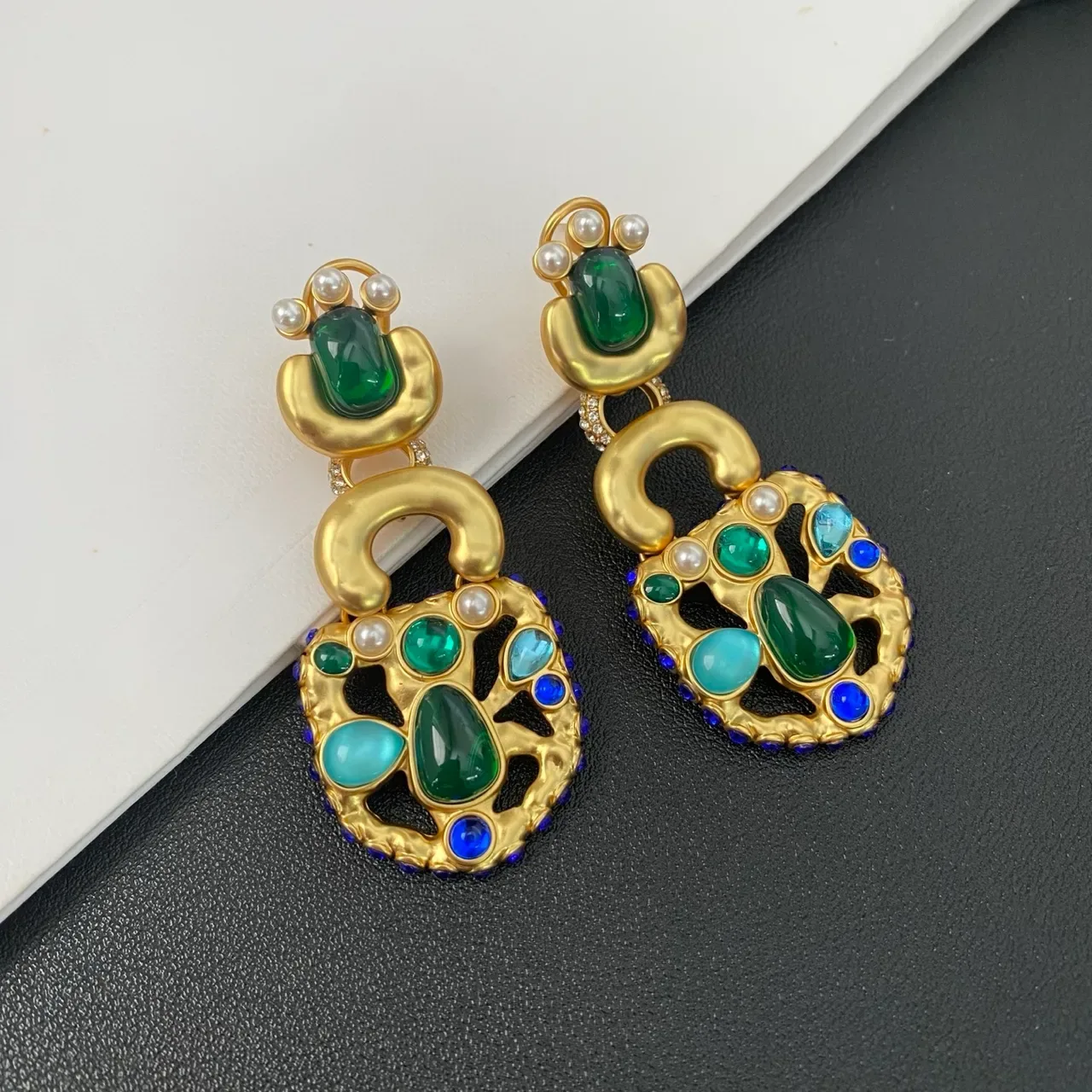 Gold-Tone Multi-Stone Pearl Drop Earrings 5