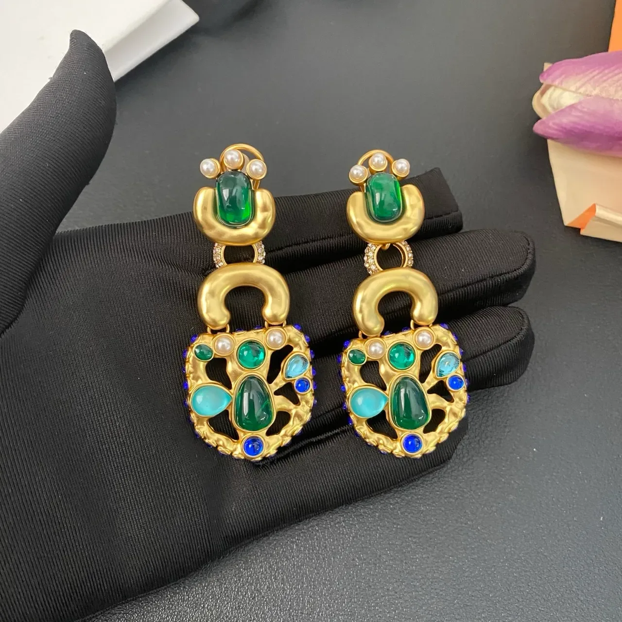 Gold-Tone Multi-Stone Pearl Drop Earrings 6