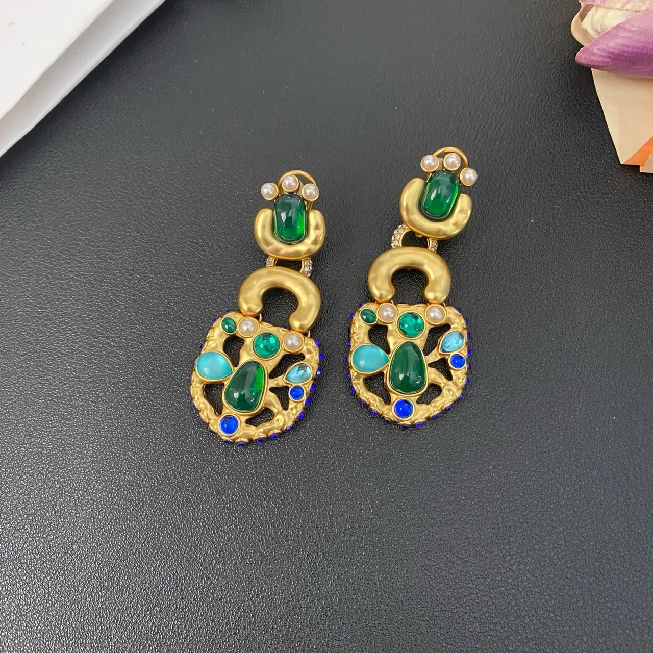 Gold-Tone Multi-Stone Pearl Drop Earrings 9