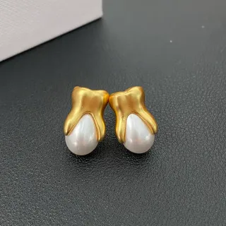 Gold-Tone Organic Sculptural Teardrop Pearl Stud Earrings