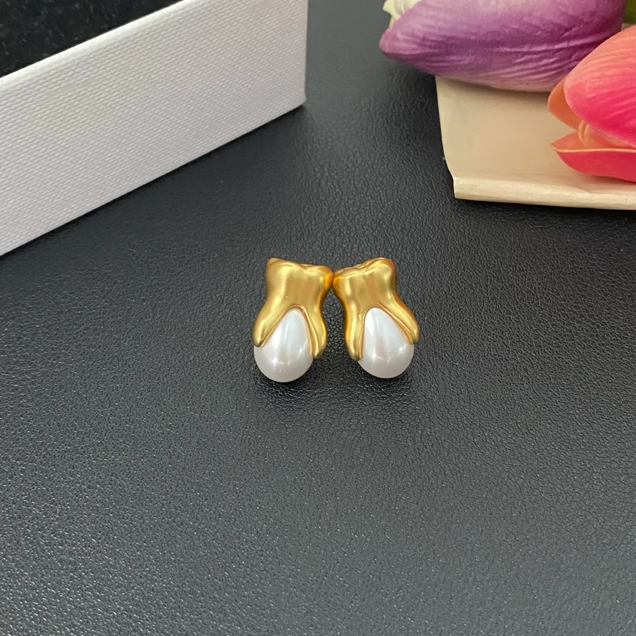 Gold-Tone Organic Sculptural Teardrop Pearl Stud Earrings 9