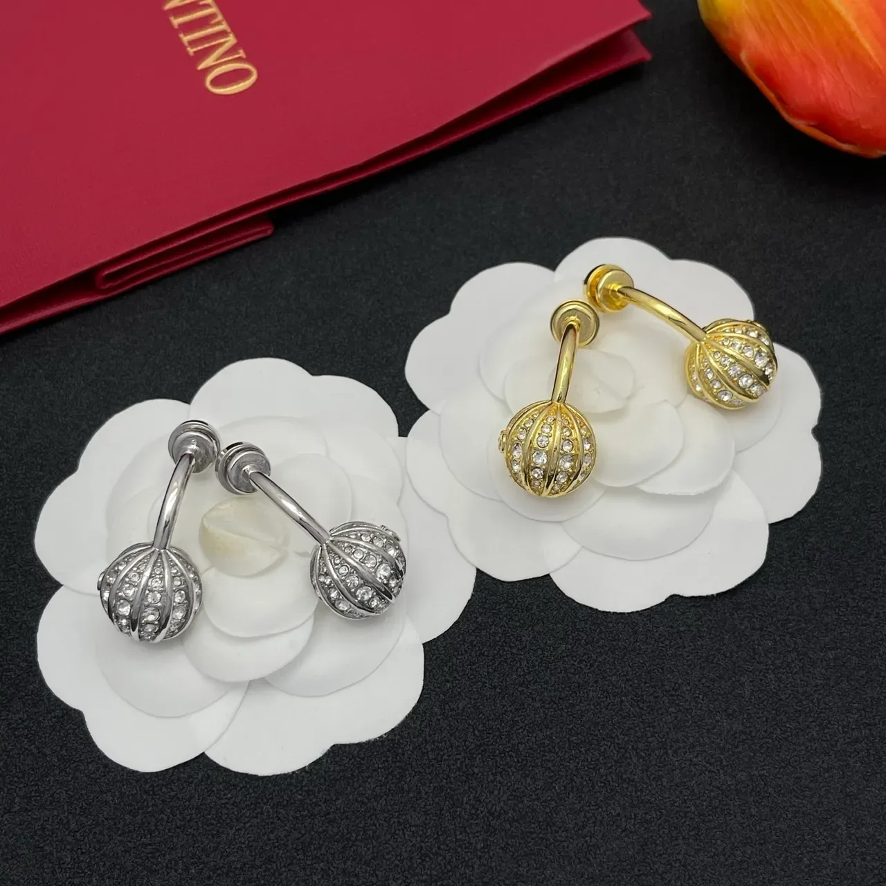 Gold-Tone Pavé Crystal Segmented Sphere Clip Earrings 2