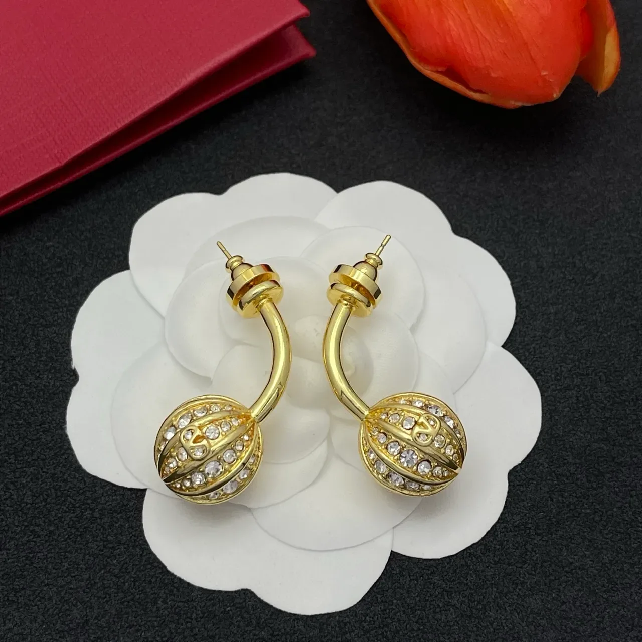 Gold-Tone Pavé Crystal Segmented Sphere Clip Earrings 7