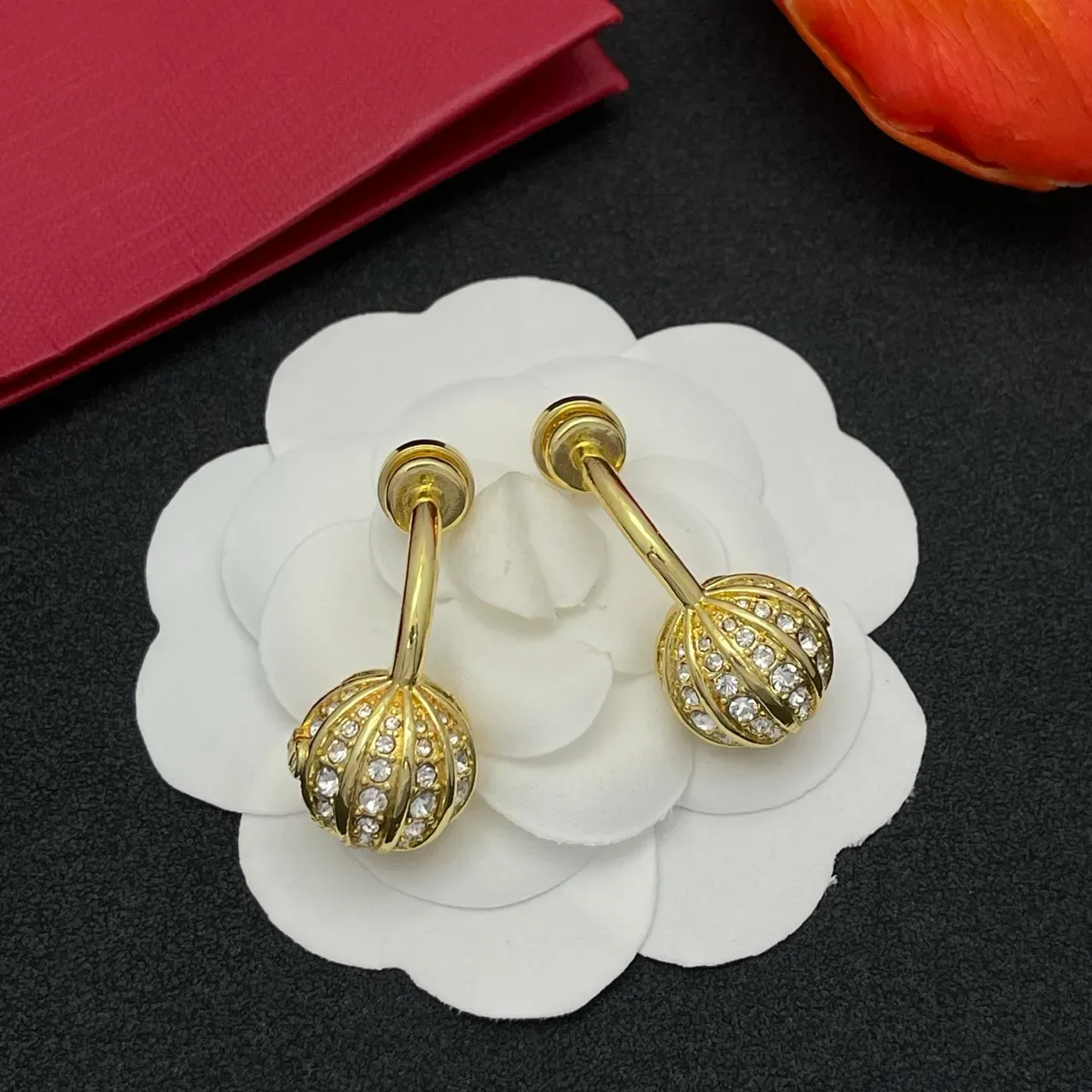 Gold-Tone Pavé Crystal Segmented Sphere Clip Earrings 8