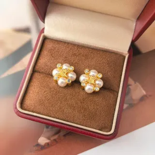 Gold-Tone Pearl and Crystal Floral Cluster Stud Earrings