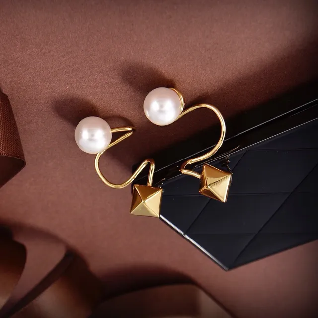 Gold-Tone Pearl and Pyramid Stud Double-Element Earrings 2