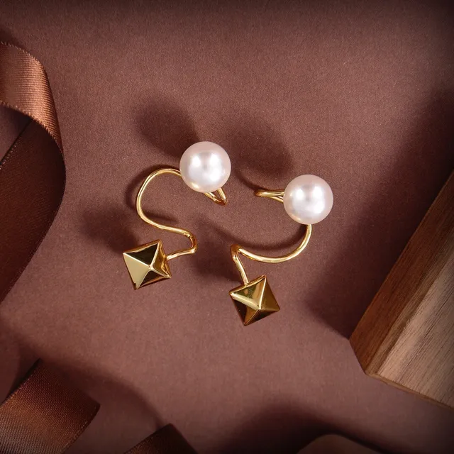 Gold-Tone Pearl and Pyramid Stud Double-Element Earrings 4