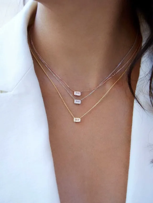 Gold-Tone Rectangular Bezel-Set Clear Stone Pendant Necklace 2