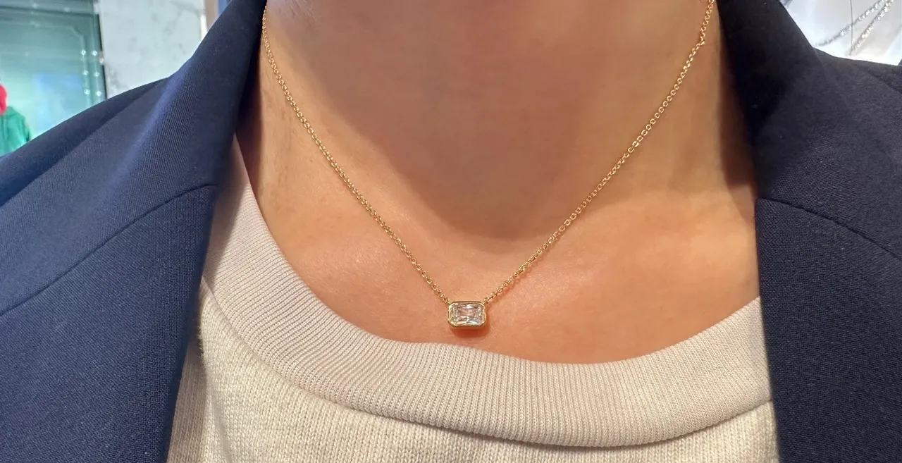 Gold-Tone Rectangular Bezel-Set Clear Stone Pendant Necklace 3