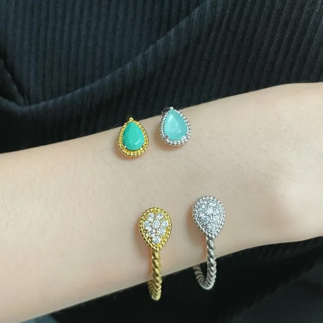 Gold-Tone Teardrop Cabochon and Pavé Crystal Open Bangle Bracelets 9
