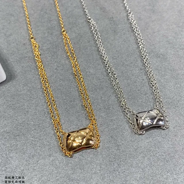 Gold-Toned Quilted Envelope Pendant Double Chain Necklace 2