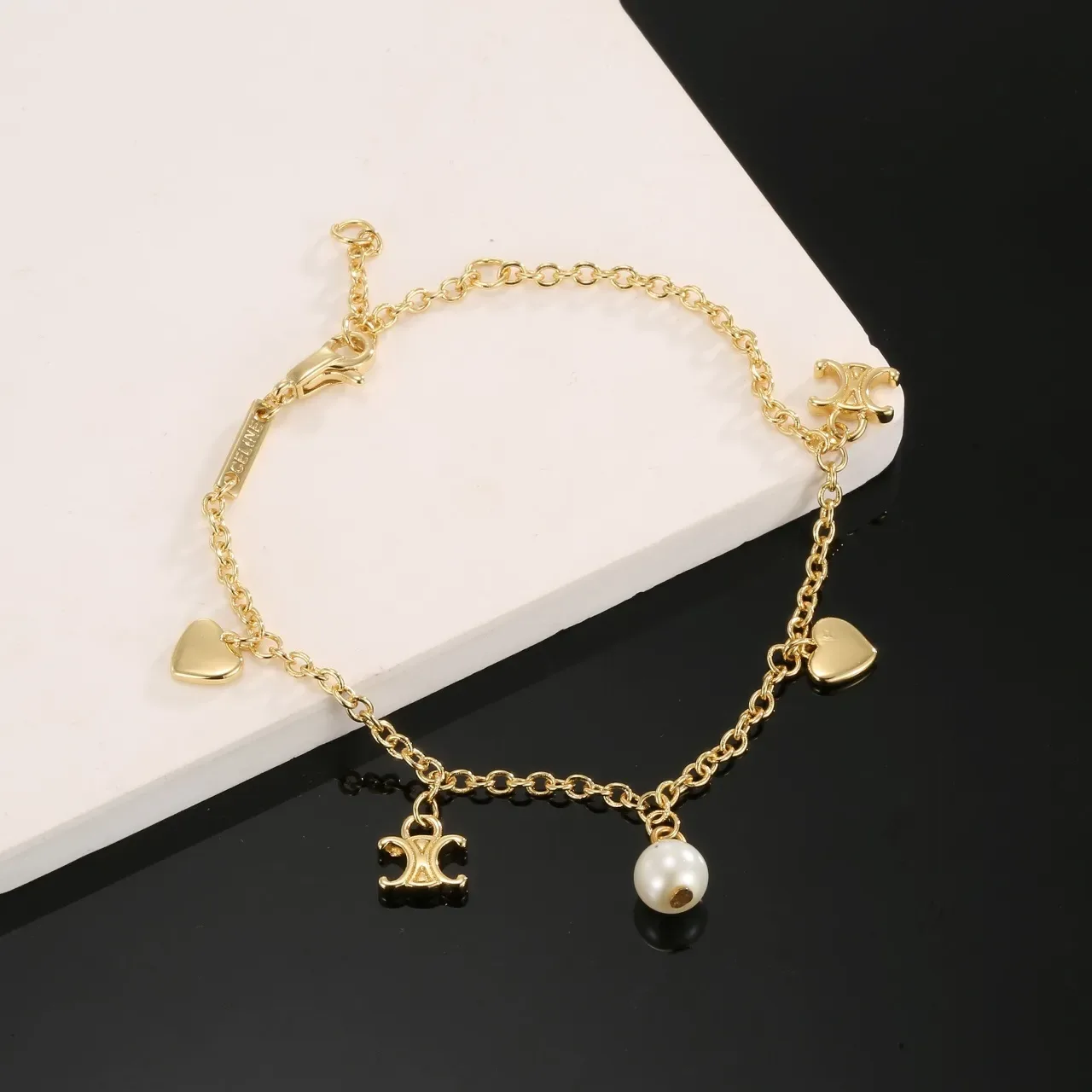 Gold White Chain Heart Charms Bracelet 2