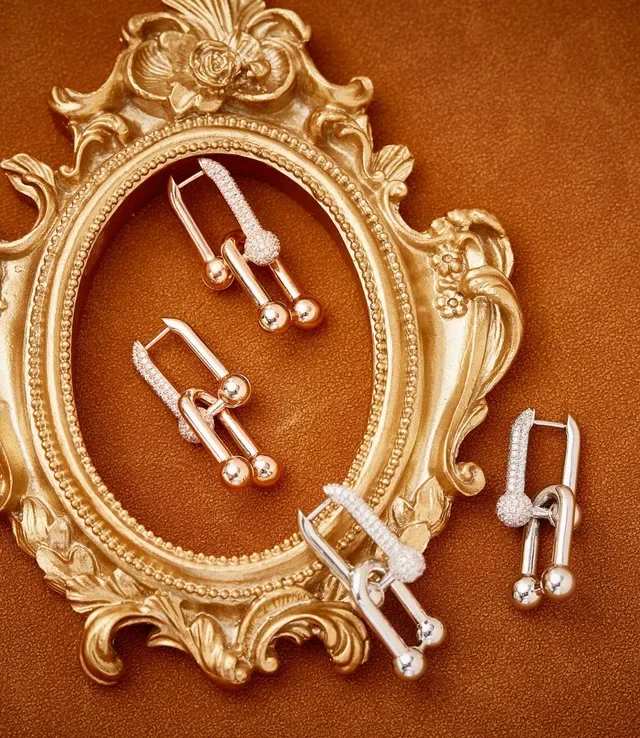 Gold White Hinged Hoop Pavé-Set Stones Earrings 6