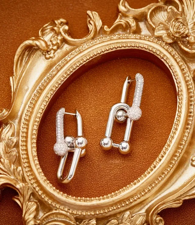 Gold White Hinged Hoop Pavé-Set Stones Earrings 7