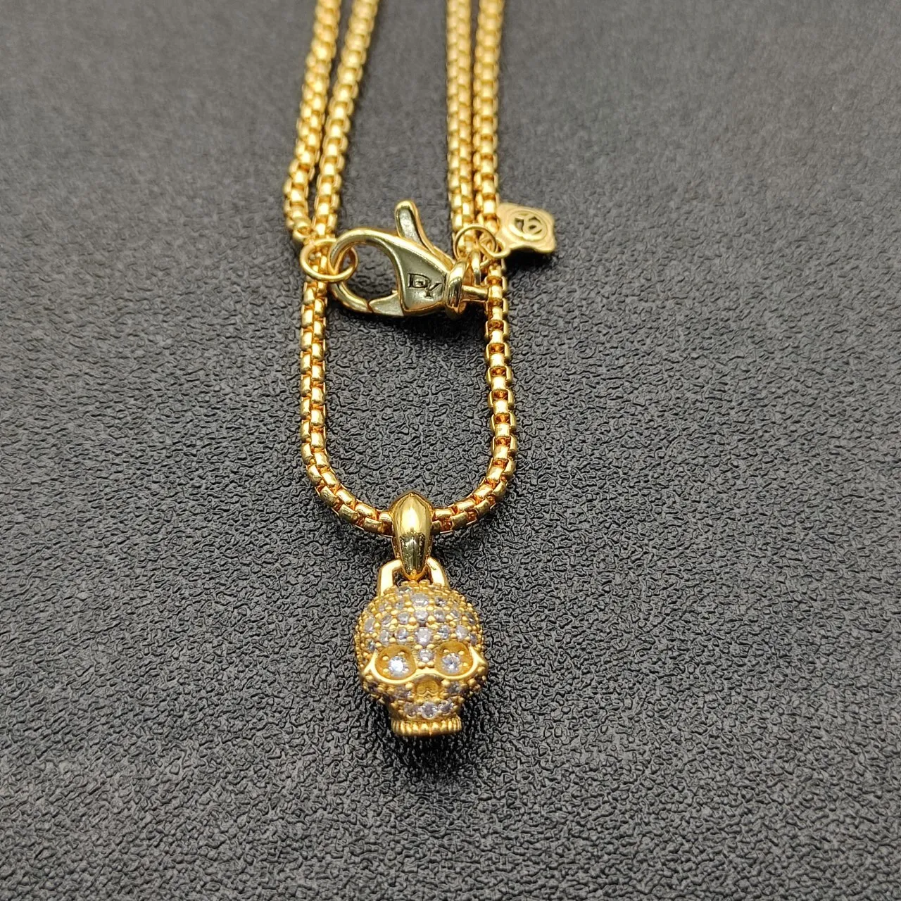 Gold White Pavé-Set Skull Pendant Yellow Box Chain Necklace 2