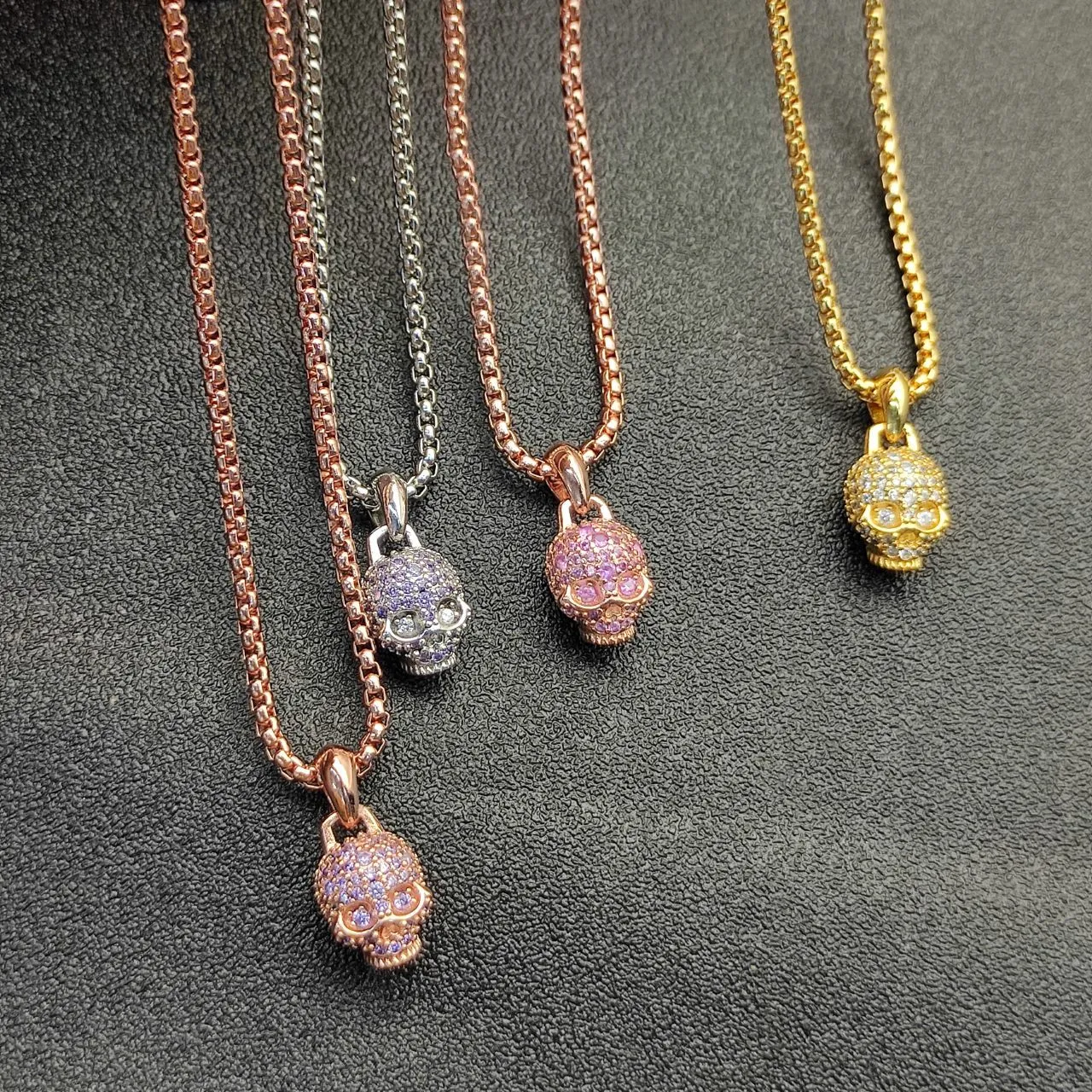 Gold White Pavé-Set Skull Pendant Yellow Box Chain Necklace 3