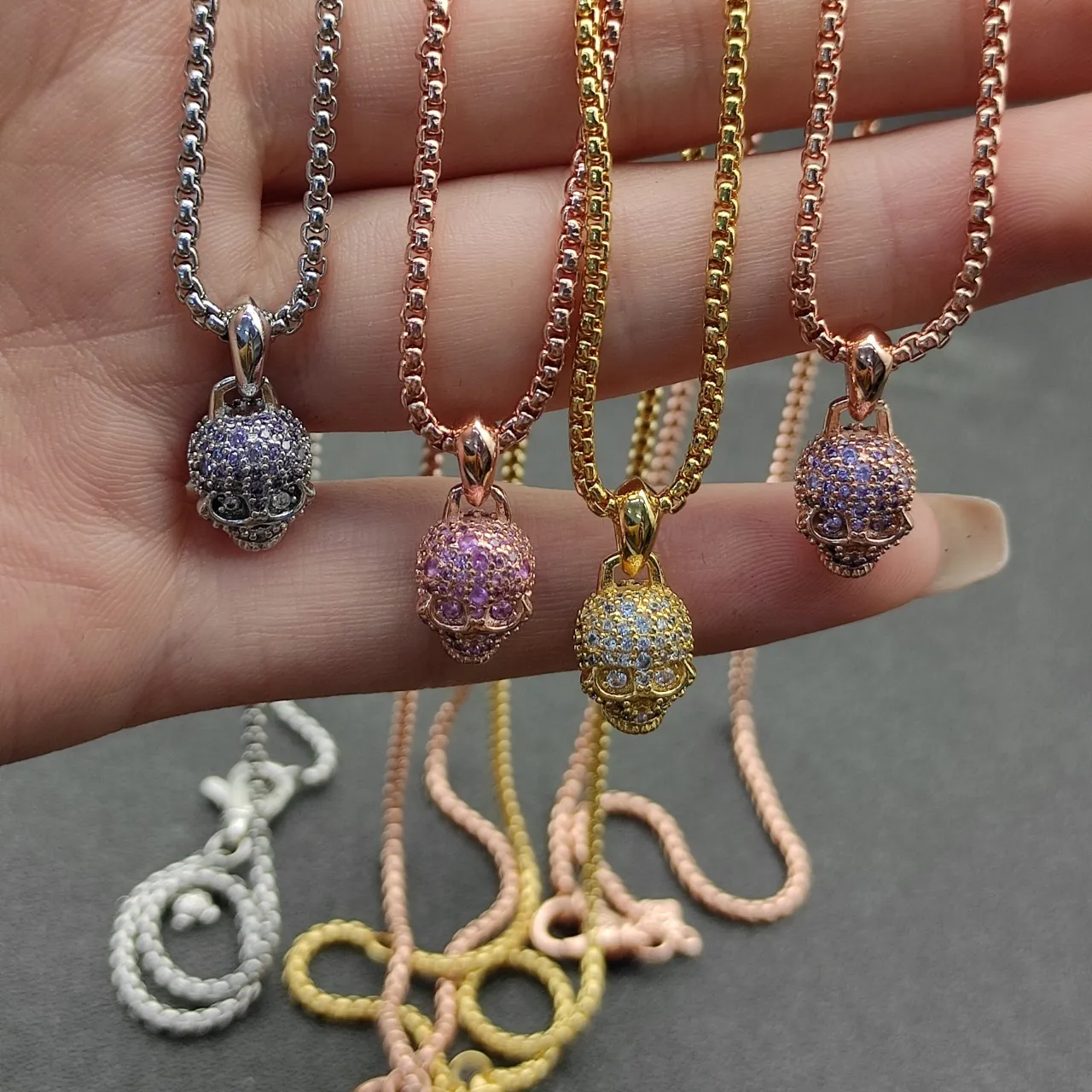 Gold White Pavé-Set Skull Pendant Yellow Box Chain Necklace 4