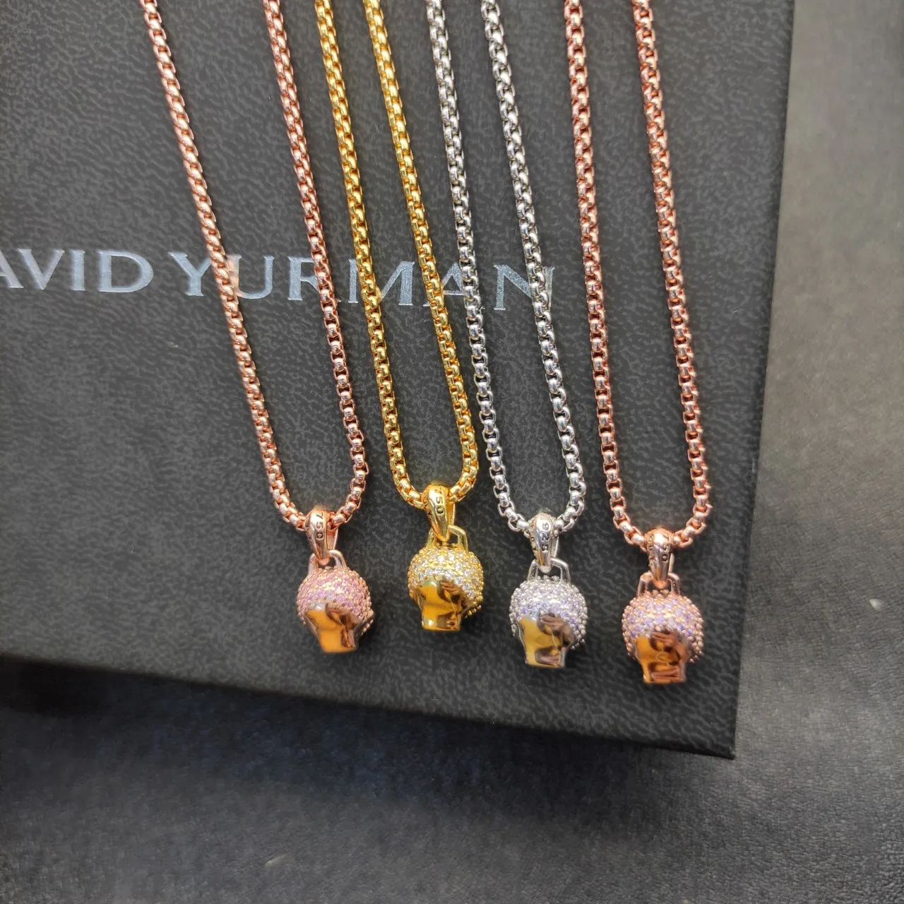 Gold White Pavé-Set Skull Pendant Yellow Box Chain Necklace 5