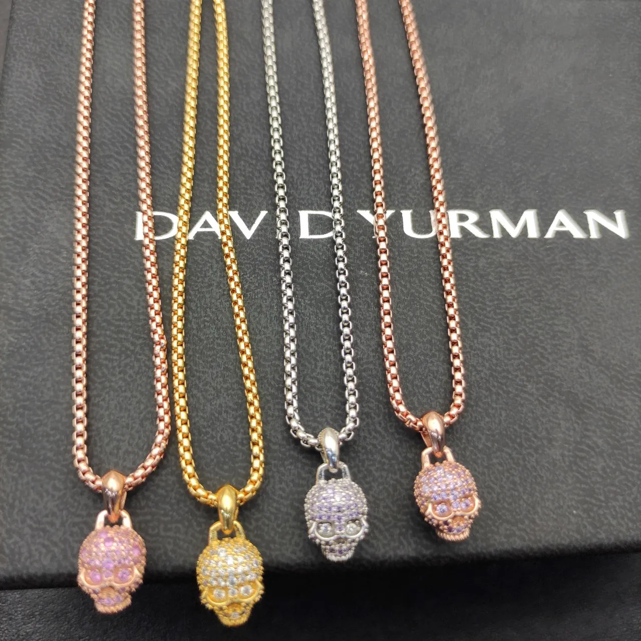 Gold White Pavé-Set Skull Pendant Yellow Box Chain Necklace 6