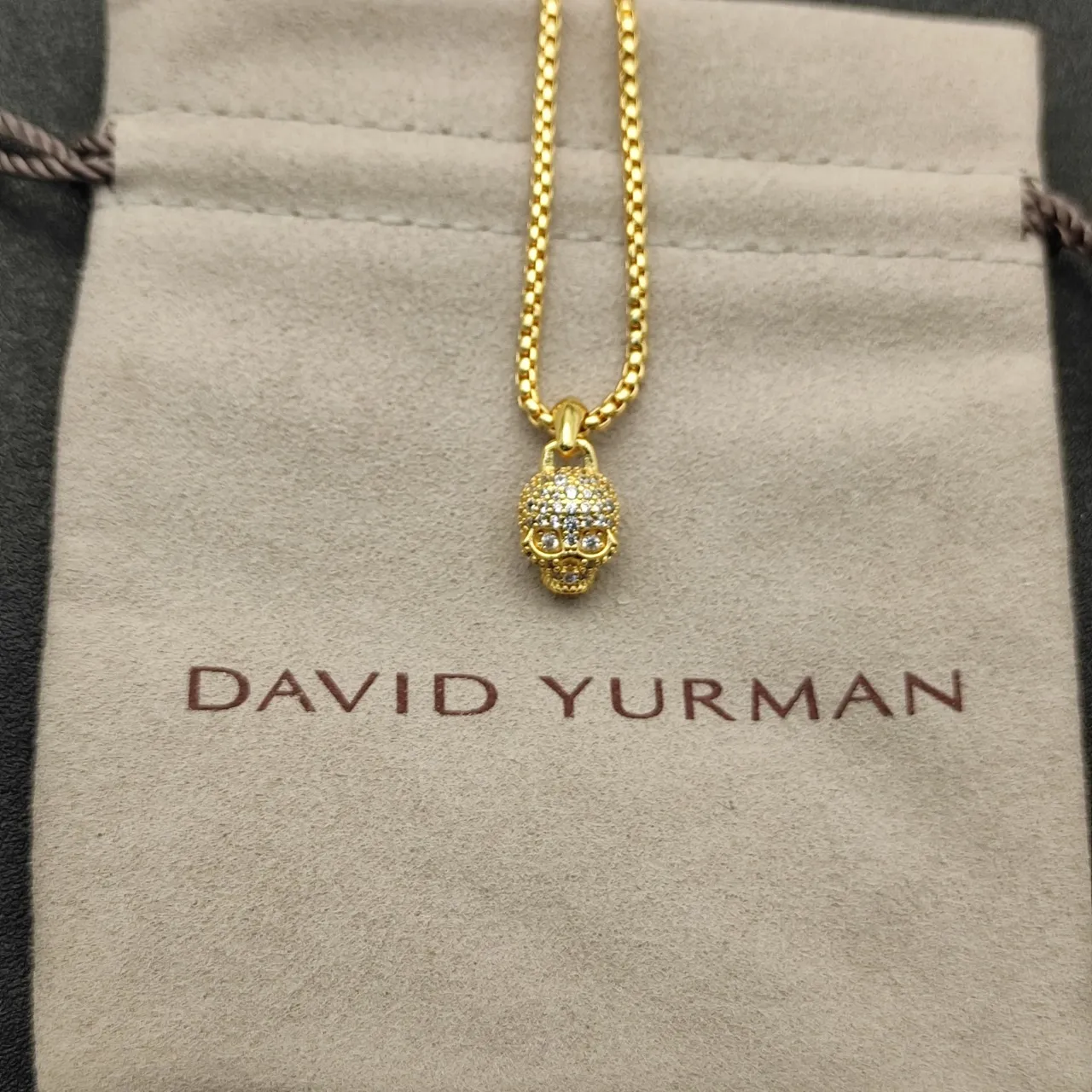 Gold White Pavé-Set Skull Pendant Yellow Box Chain Necklace 9