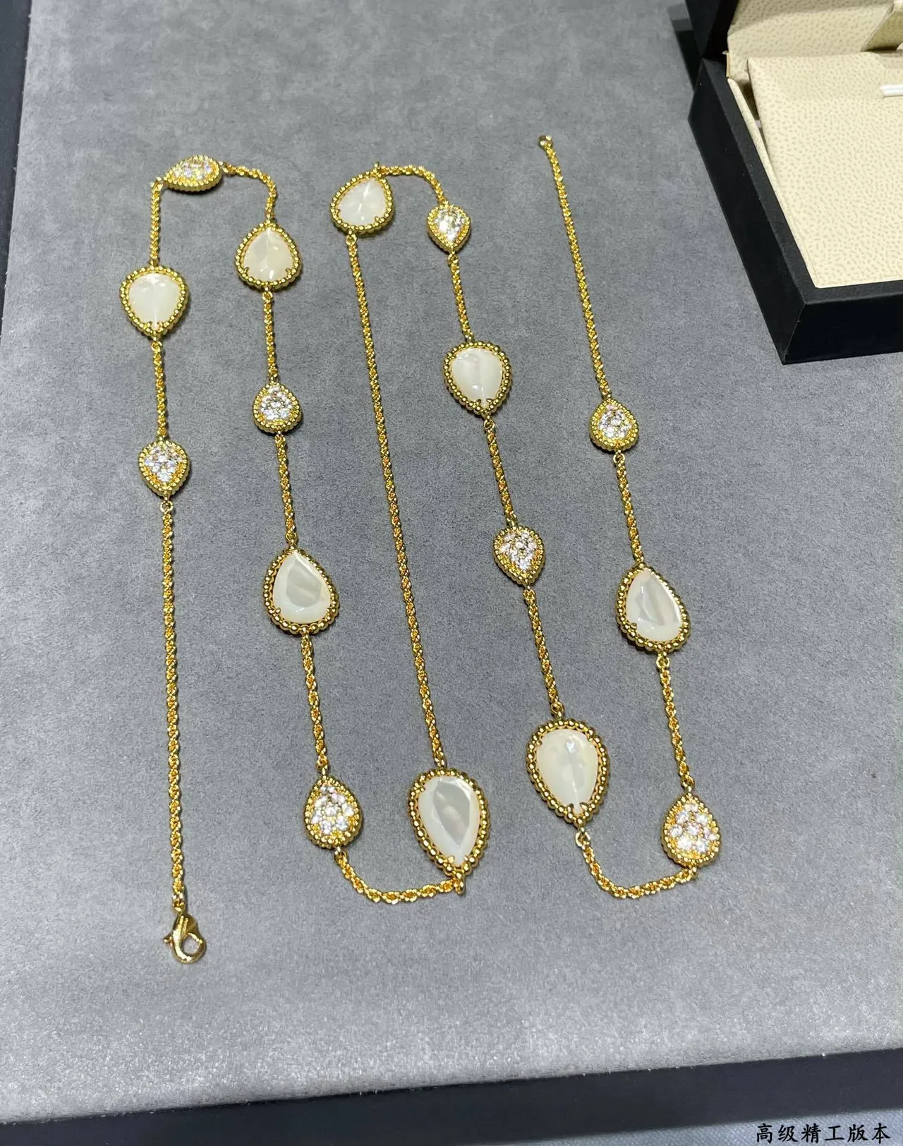 Gold White Rope Chain Teardrop Cabochon Stones Necklace 4