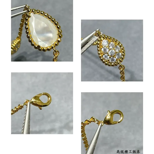 Gold White Rope Chain Teardrop Cabochon Stones Necklace 5
