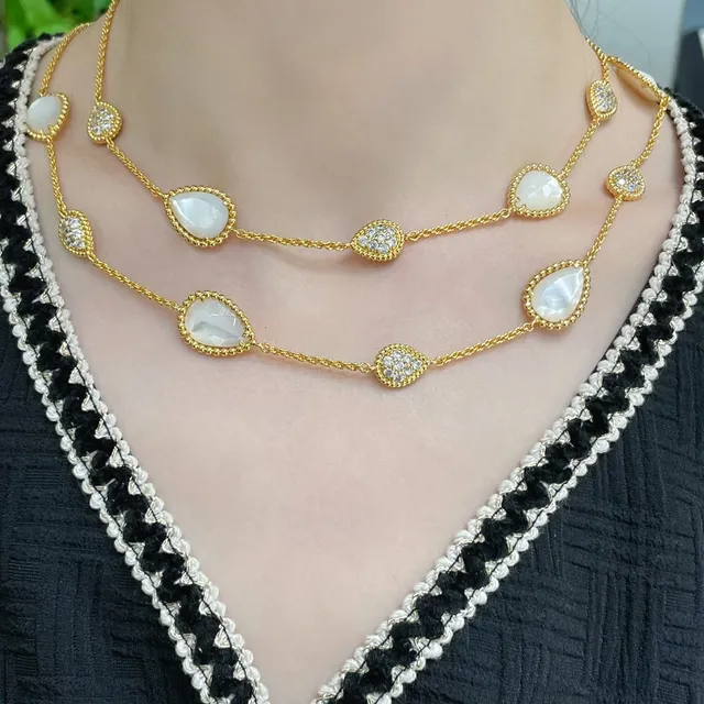 Gold White Rope Chain Teardrop Cabochon Stones Necklace 8