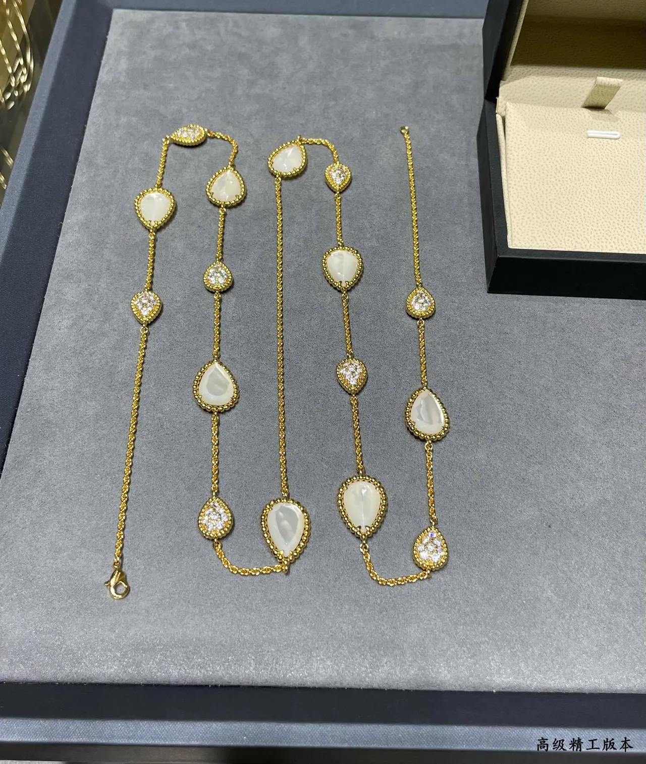 Gold White Rope Chain Teardrop Cabochon Stones Necklace 9