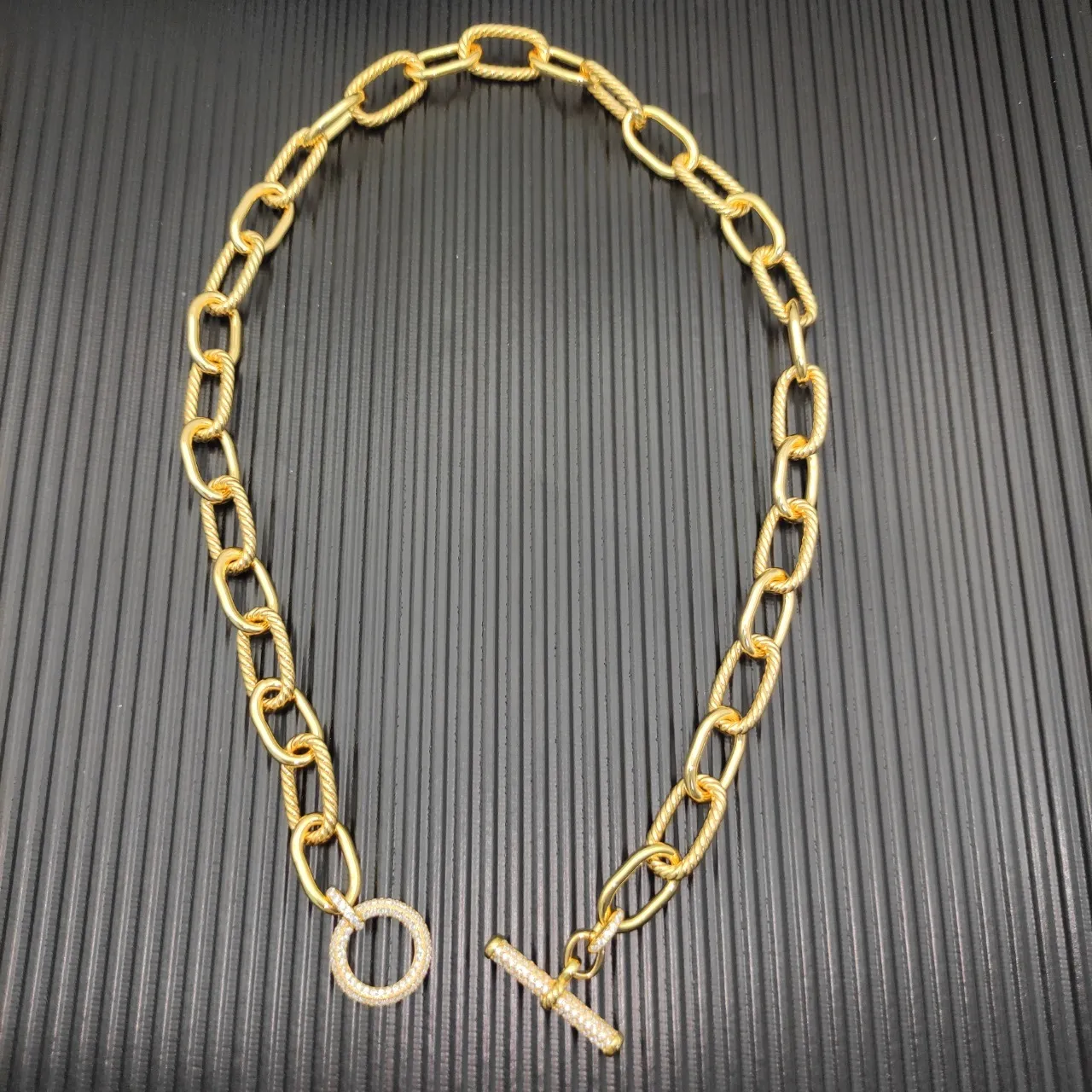 Gold White Rope-Link Chain Pavé-Toggle Clasp Necklace 5
