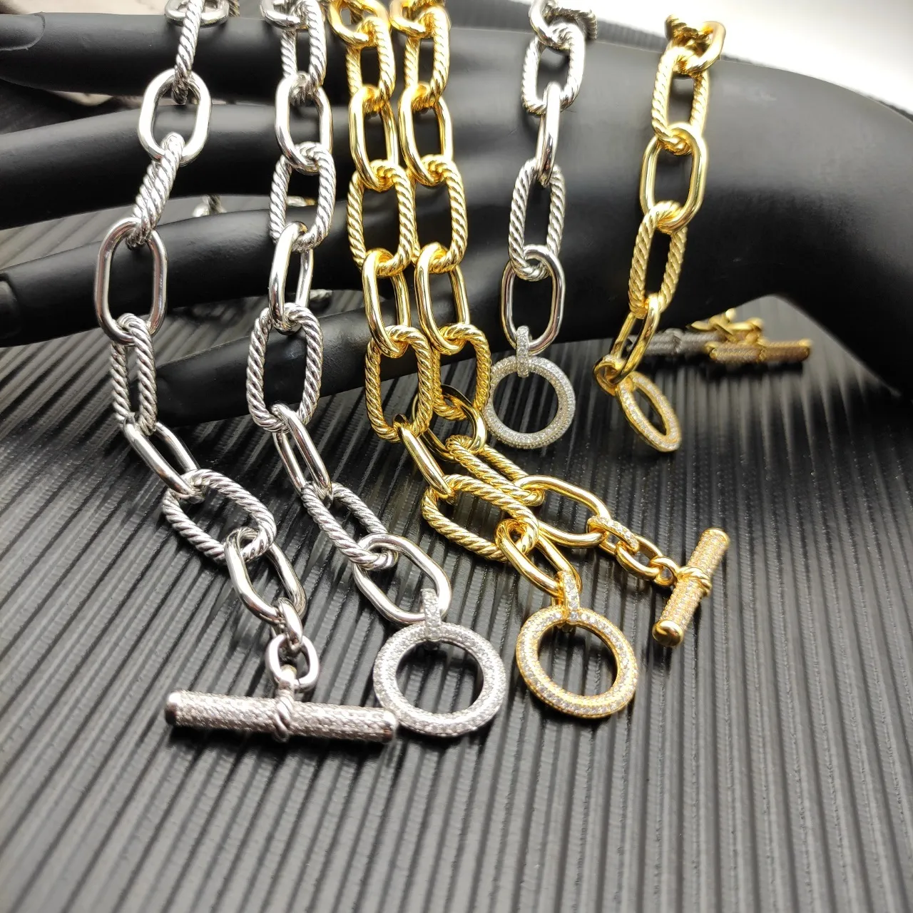 Gold White Rope-Link Chain Pavé-Toggle Clasp Necklace 6