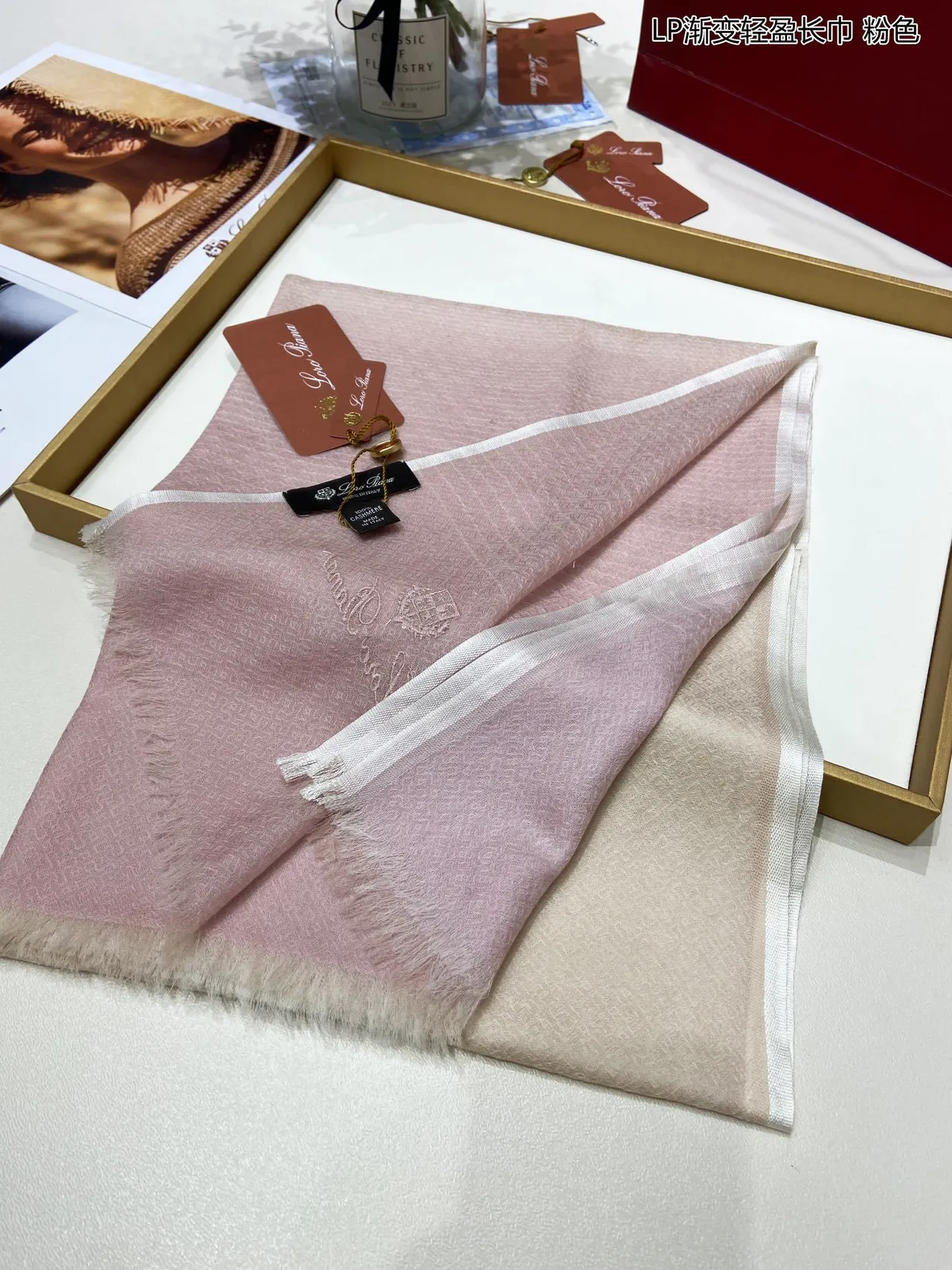 Gradient Ombre Cream to Pink Lightweight Fringed Shawl 5