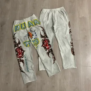 Graphic-Print Elastic-Waist Raw-Hem Loose Sweatpants