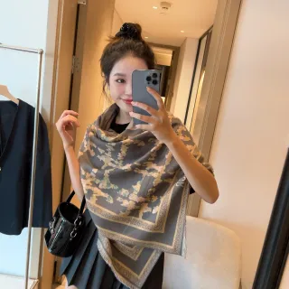 Gray Beige Floral Jacquard Fringed Shawl