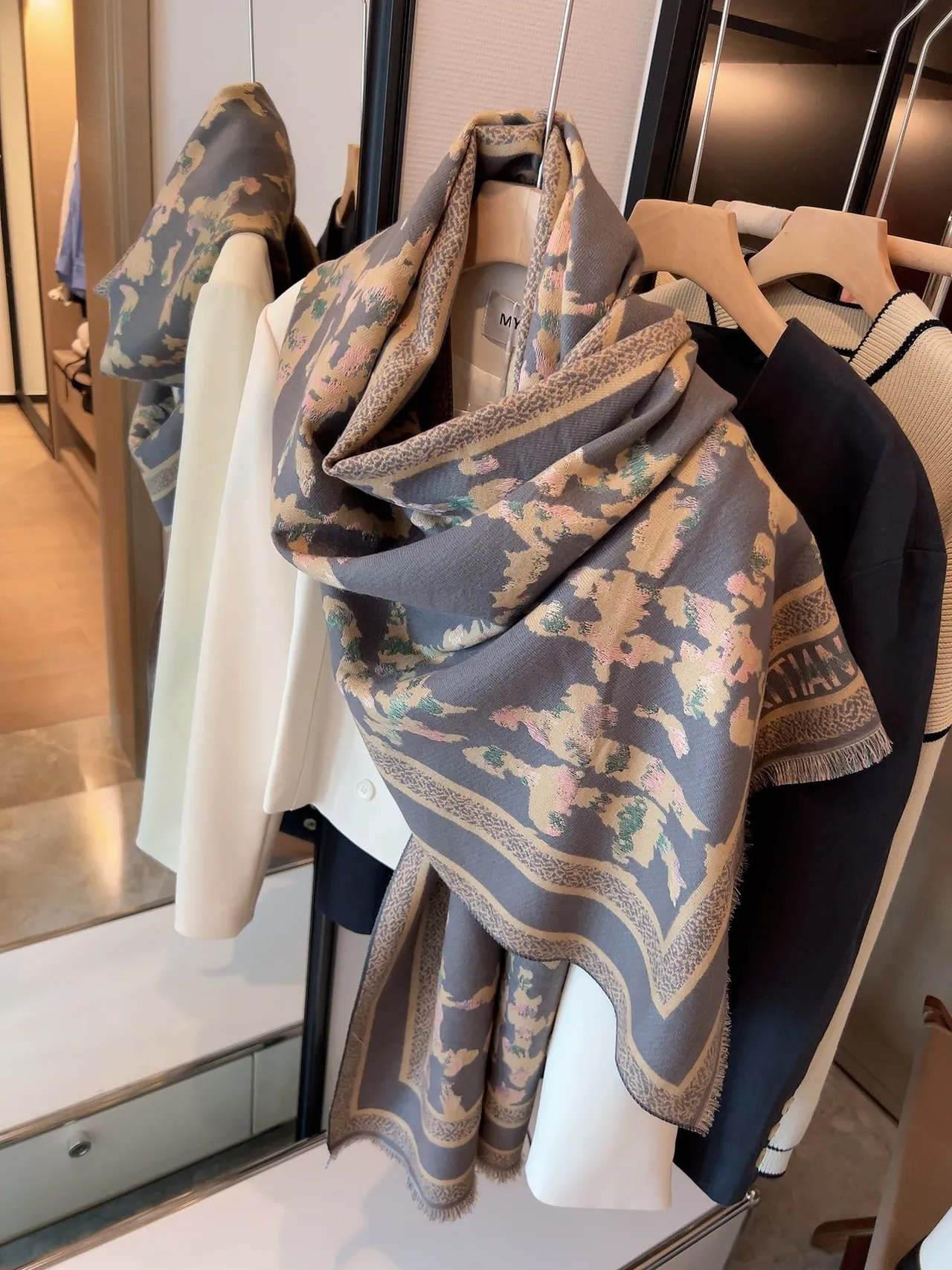 Gray Beige Floral Jacquard Fringed Shawl 6