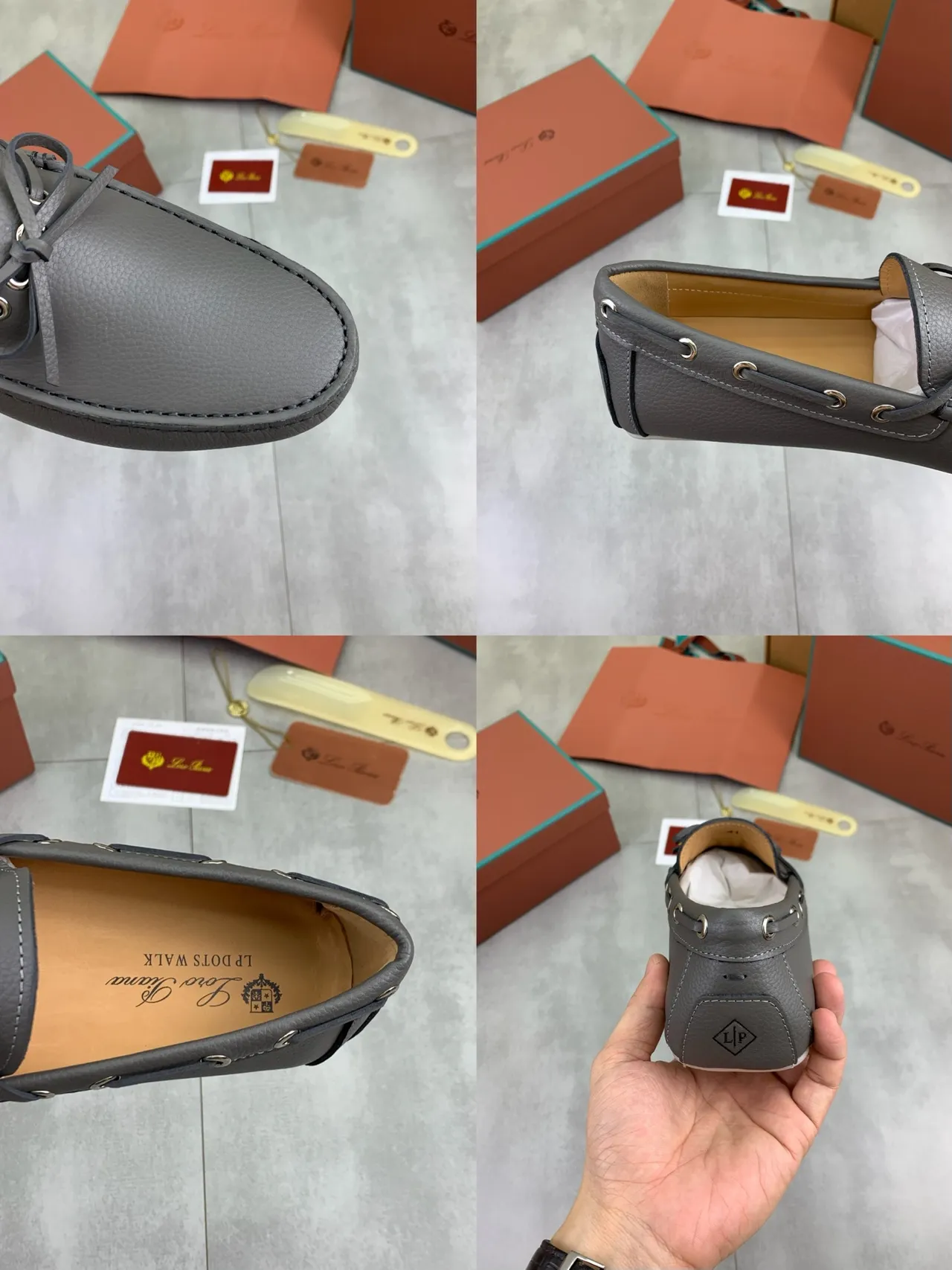 Gray Beige Pebbled Leather Moc-Toe Stitching Loafer 2