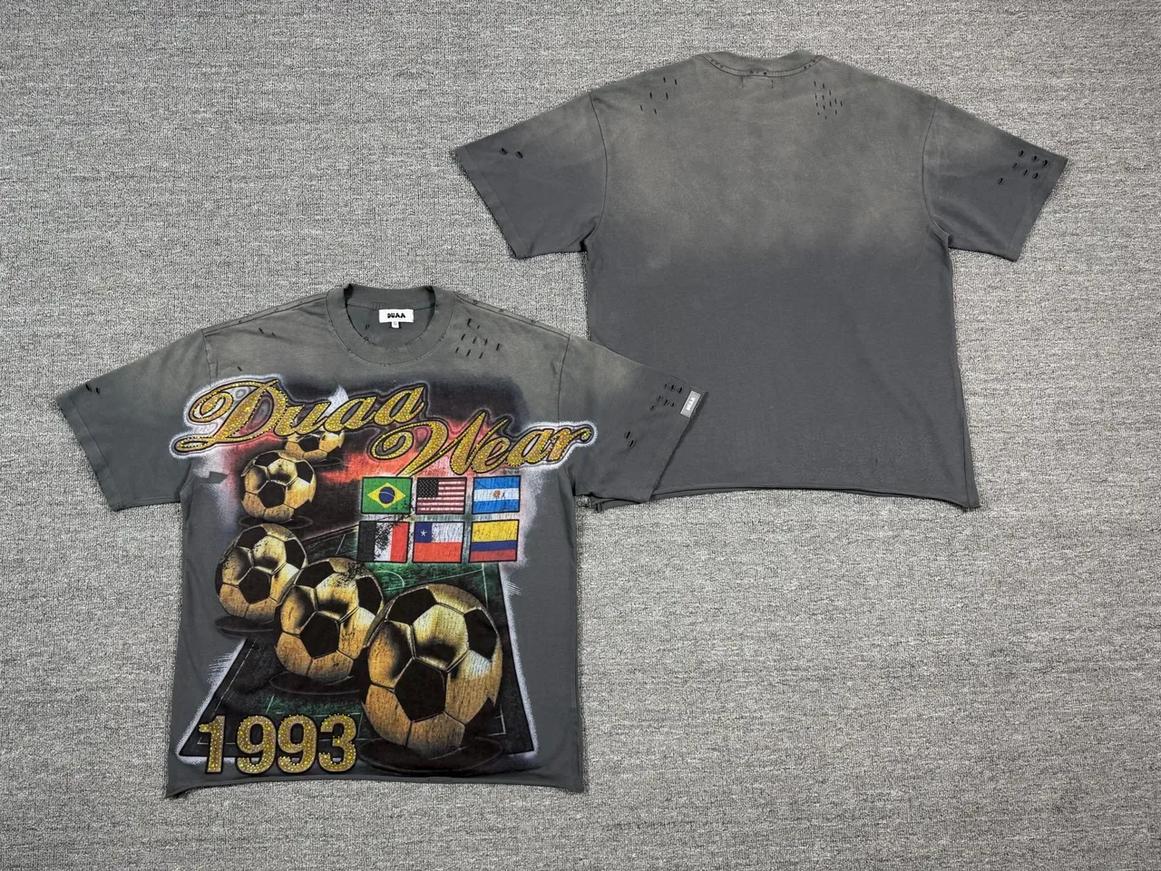 Gray Gold Distressed Perforated Shoulders Graphic Print T-Shirt 2
