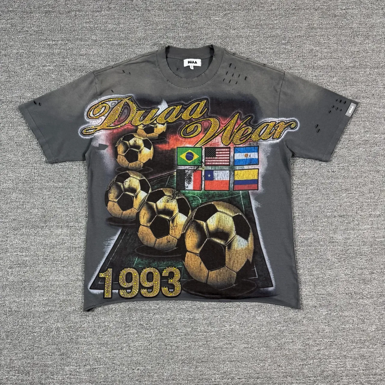 Gray Gold Distressed Perforated Shoulders Graphic Print T-Shirt 4