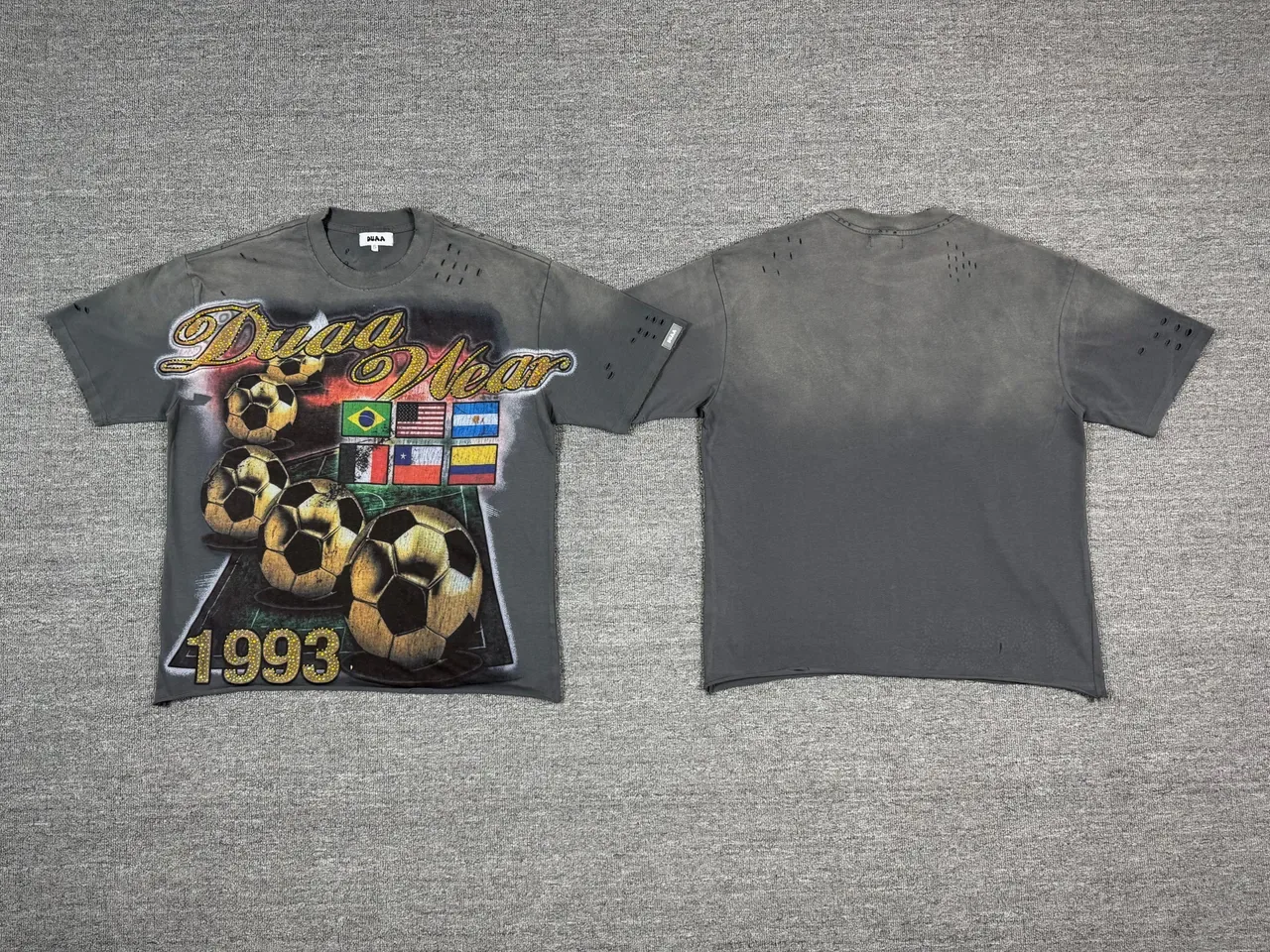Gray Gold Distressed Perforated Shoulders Graphic Print T-Shirt 5