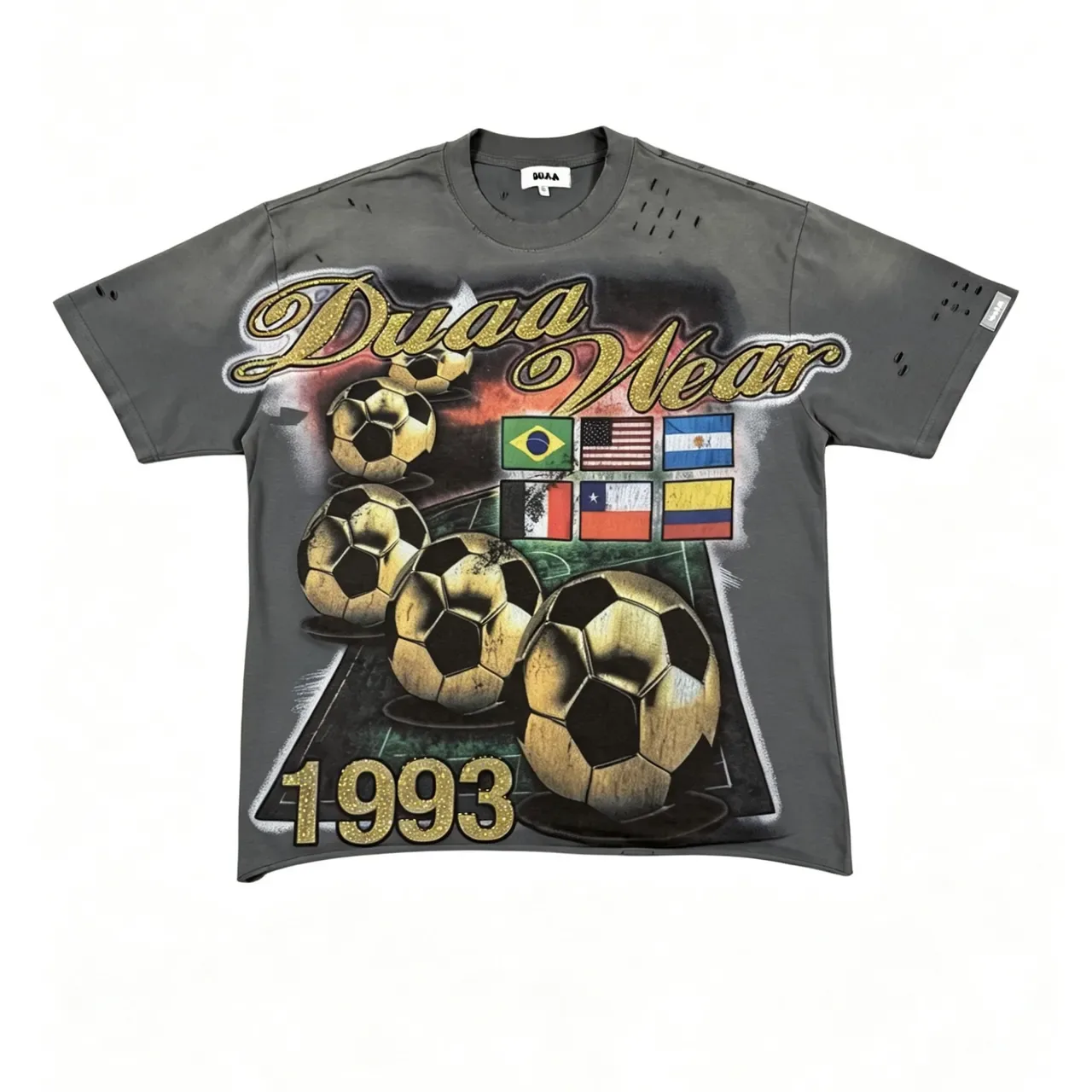 Gray Gold Distressed Perforated Shoulders Graphic Print T-Shirt 7