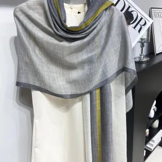 Gray Green Herringbone Weave Striped Border Trim Shawl