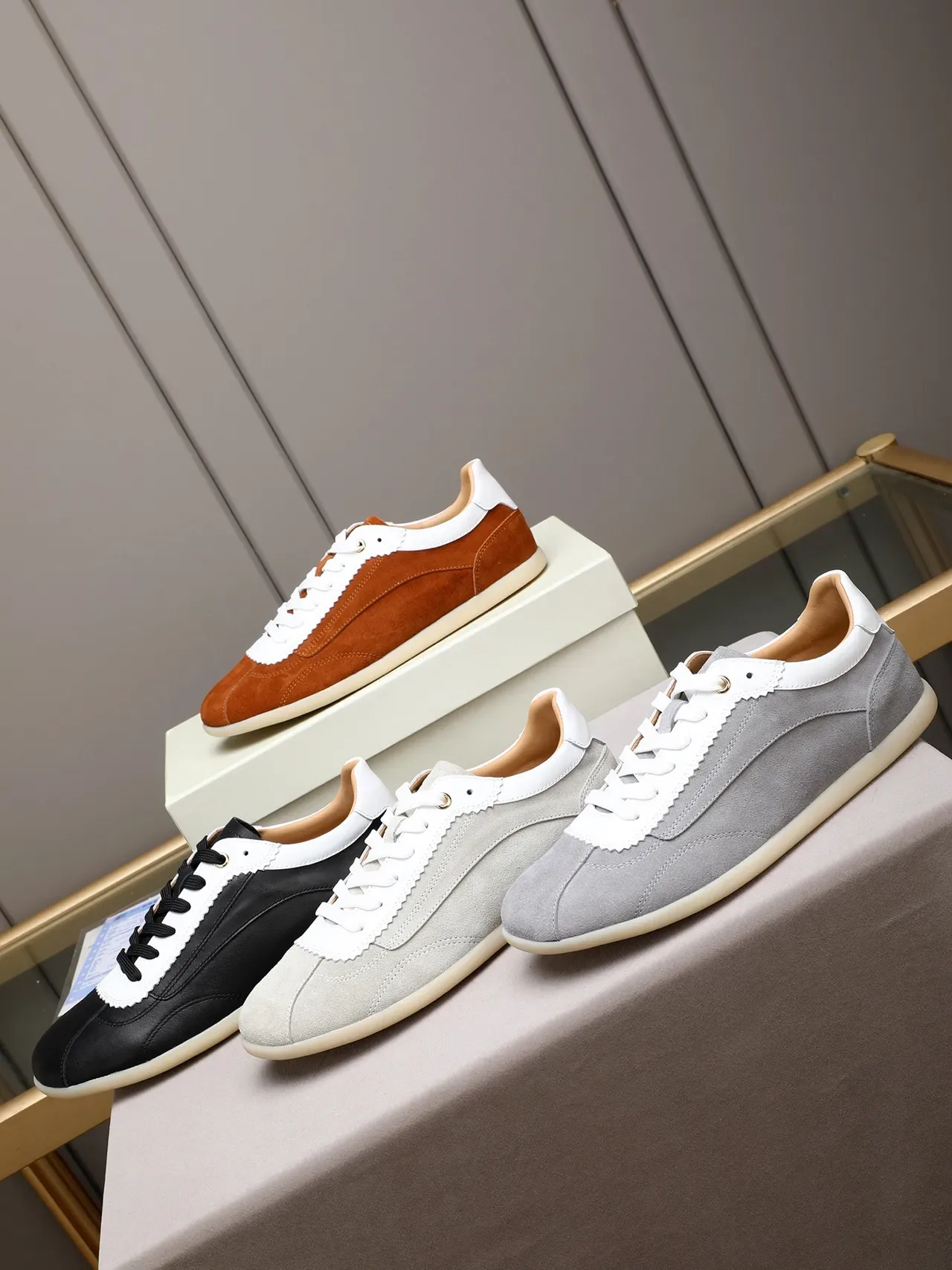 Gray White Suede Upper Scalloped Leather Trim Sneakers 2