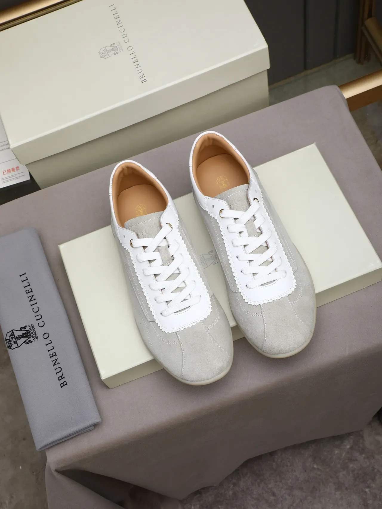 Gray White Suede Upper Scalloped Leather Trim Sneakers 3