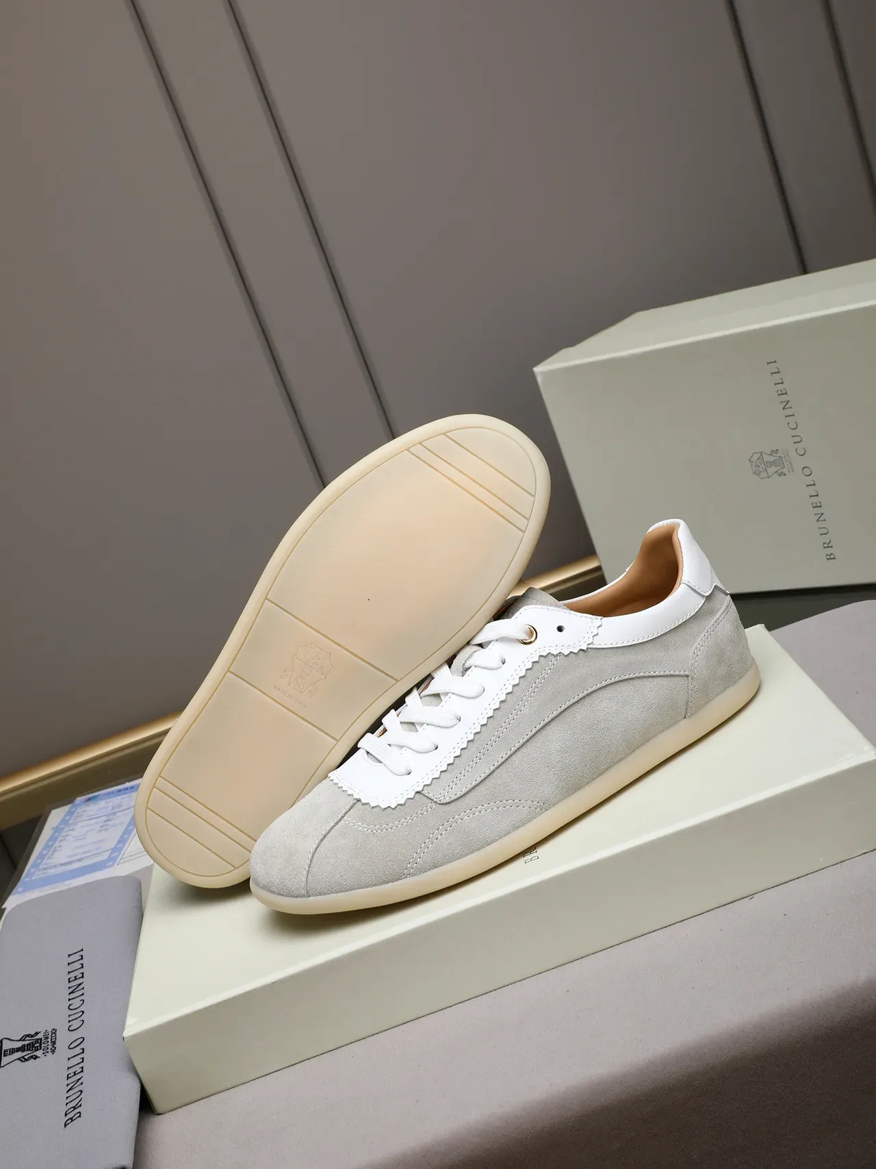 Gray White Suede Upper Scalloped Leather Trim Sneakers 5