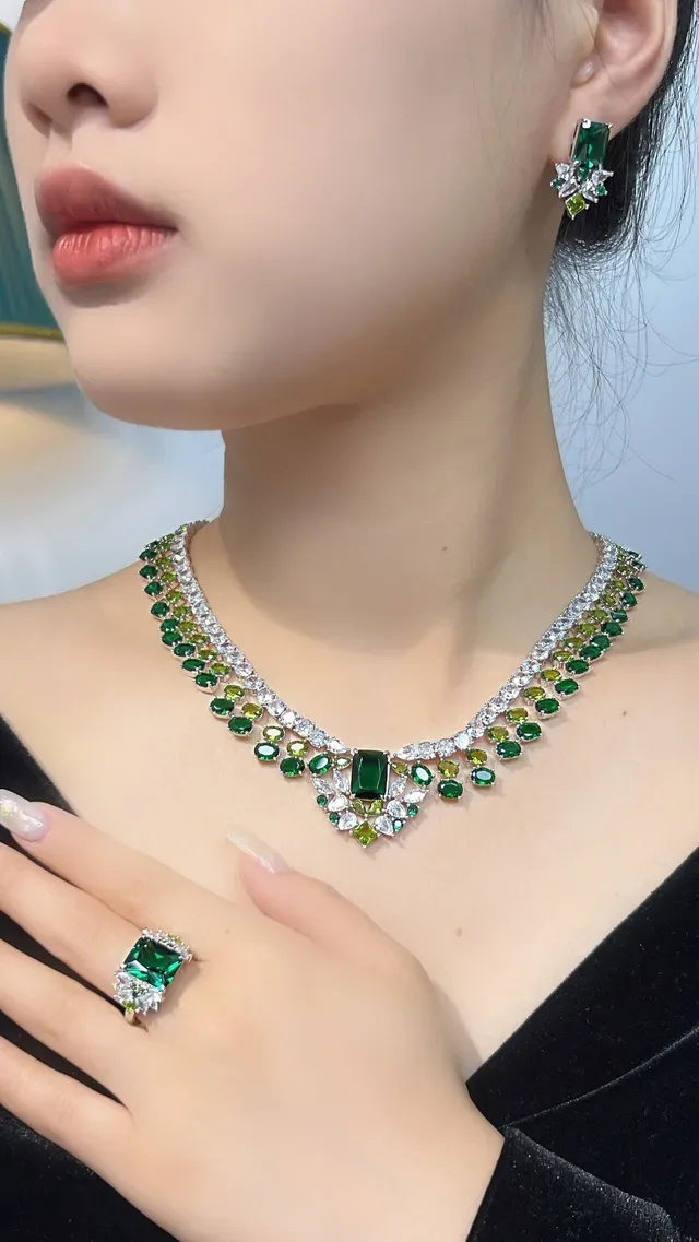Green and Clear Gemstone Multi-Row Collar Necklace 2