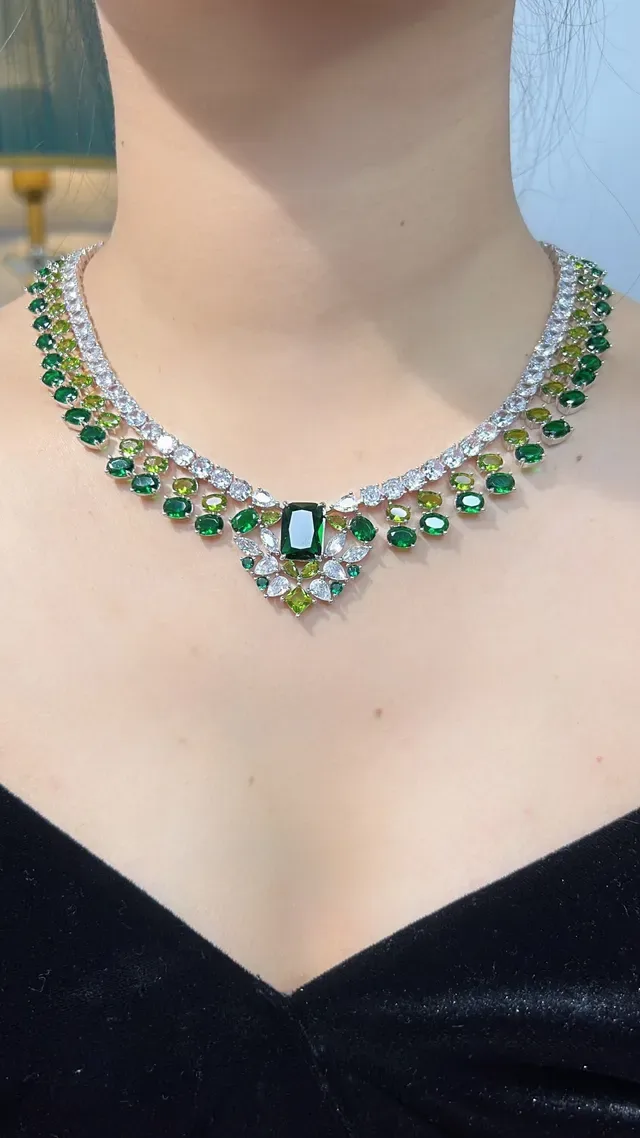 Green and Clear Gemstone Multi-Row Collar Necklace 4
