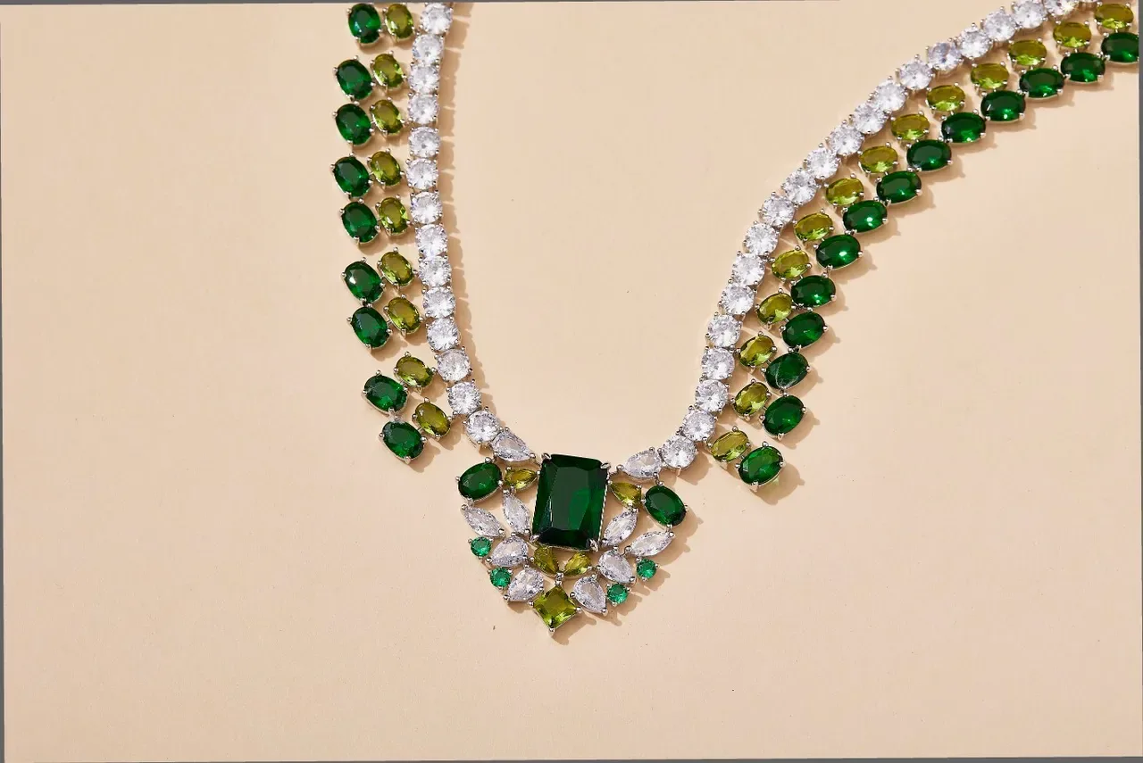 Green and Clear Gemstone Multi-Row Collar Necklace 5